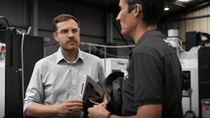 Production manager and shop floor supervisor talking